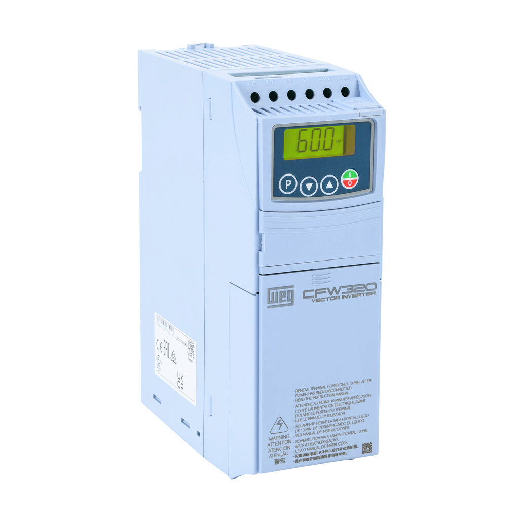 CFW320B02P6T4DB20 - WEG Electric CFW320 series AC general purpose drive, enclosed, 460 VAC, 1hp with 3-phase input, SVC, V/Hz or VVW mode, B frame, integrated dynamic braking. Optional communication and I/O modules available.