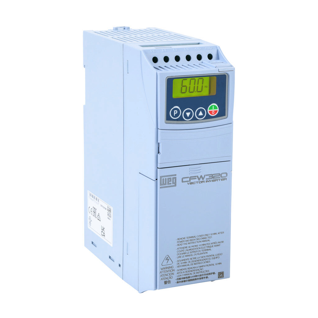 CFW320B03P5T4DB20 - WEG Electric CFW320 series AC general purpose drive, enclosed, 460 VAC, 2hp with 3-phase input, SVC, V/Hz or VVW mode, B frame, integrated dynamic braking. Optional communication and I/O modules available.