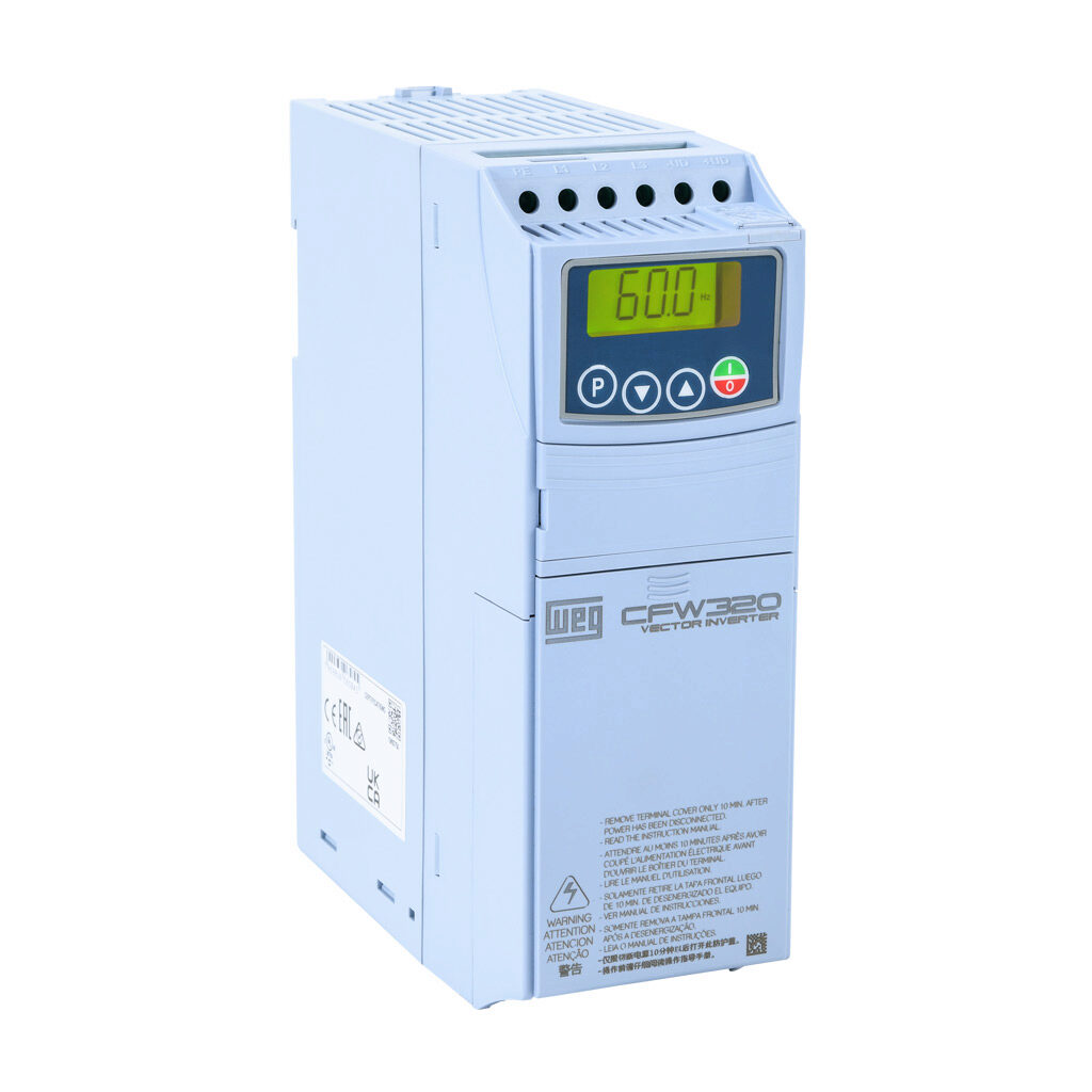 CFW320B04P8T4DB20 - WEG Electric CFW320 series AC general purpose drive, enclosed, 460 VAC, 3hp with 3-phase input, SVC, V/Hz or VVW mode, B frame, integrated dynamic braking. Optional communication and I/O modules available.