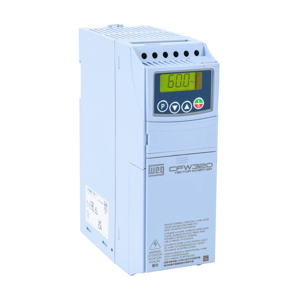 CFW320B07P6T4DB20 - WEG Electric CFW320 series AC general purpose drive, enclosed, 460 VAC, 5hp with 3-phase input, SVC, V/Hz or VVW mode, B frame, integrated dynamic braking. Optional communication and I/O modules available.