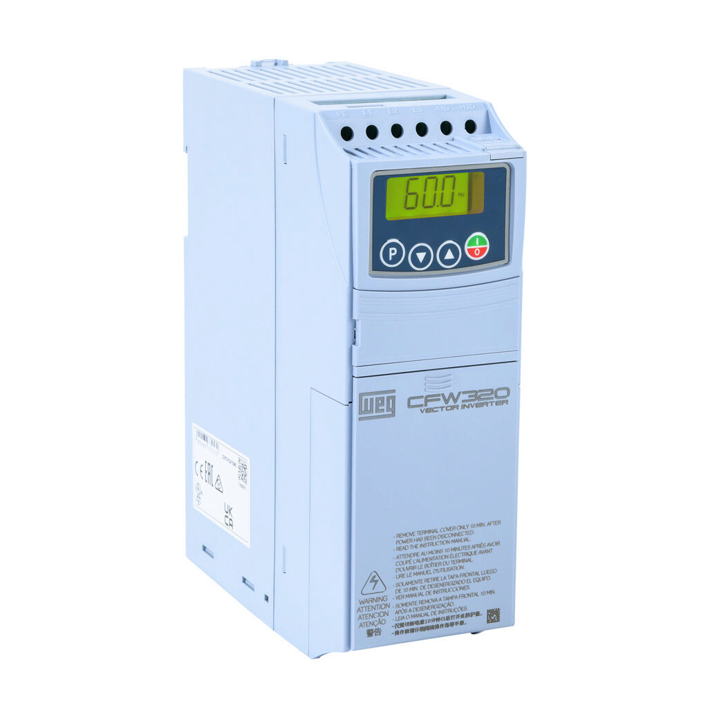 CFW320B07P6T4NB20 - WEG Electric CFW320 series AC general purpose drive, enclosed, 460 VAC, 5hp with 3-phase input, SVC, V/Hz or VVW mode, B frame. Optional communication and I/O modules available.