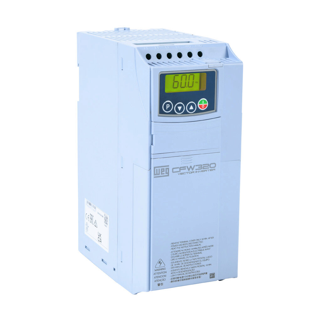 CFW320C11P0T4NB20 - WEG Electric CFW320 series AC general purpose drive, enclosed, 460 VAC, 7-1/2hp with 3-phase input, SVC, V/Hz or VVW mode, C frame. Optional communication and I/O modules available.