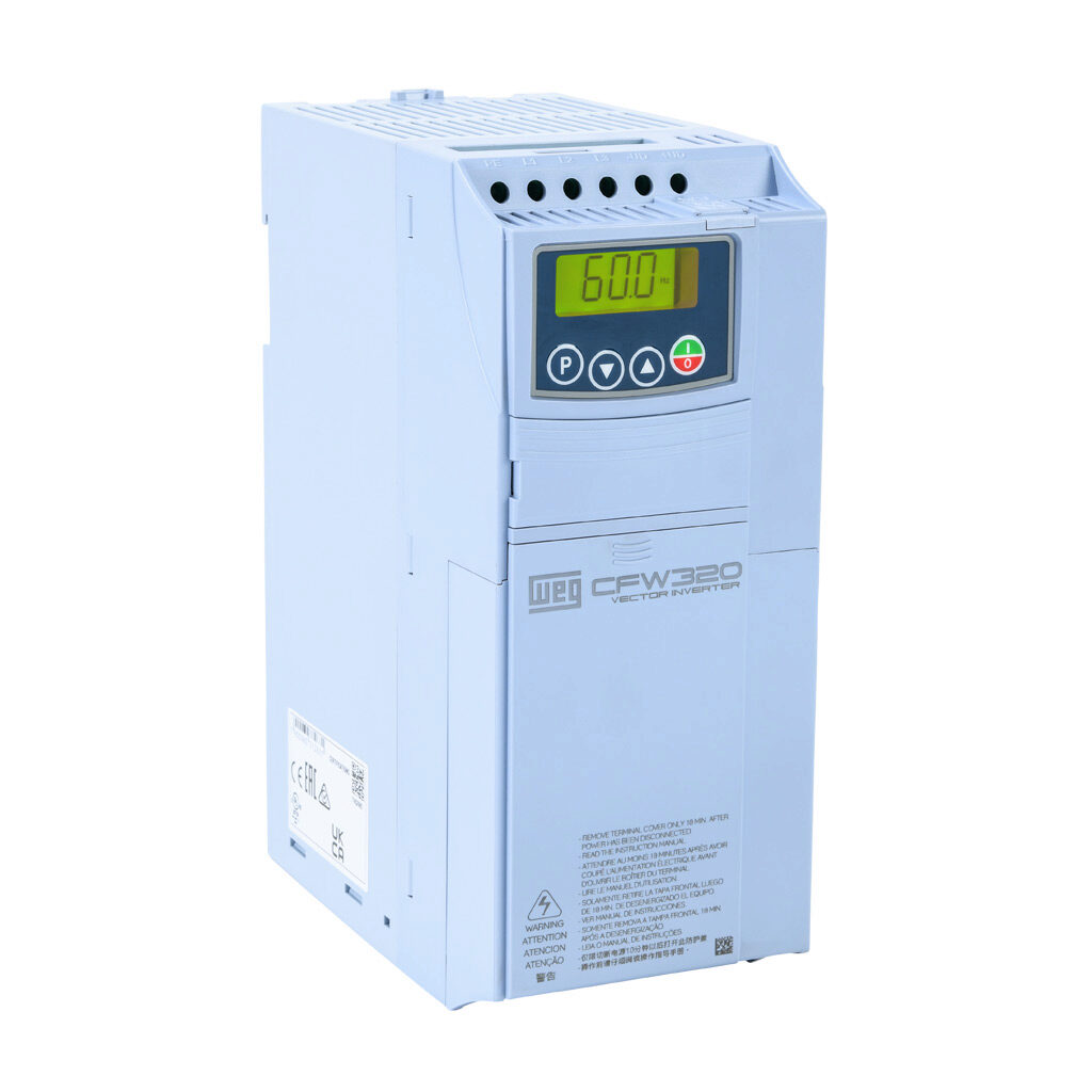 CFW320C14P0T4DB20 - WEG Electric CFW320 series AC general purpose drive, enclosed, 460 VAC, 10hp with 3-phase input, SVC, V/Hz or VVW mode, C frame, integrated dynamic braking. Optional communication and I/O modules available.