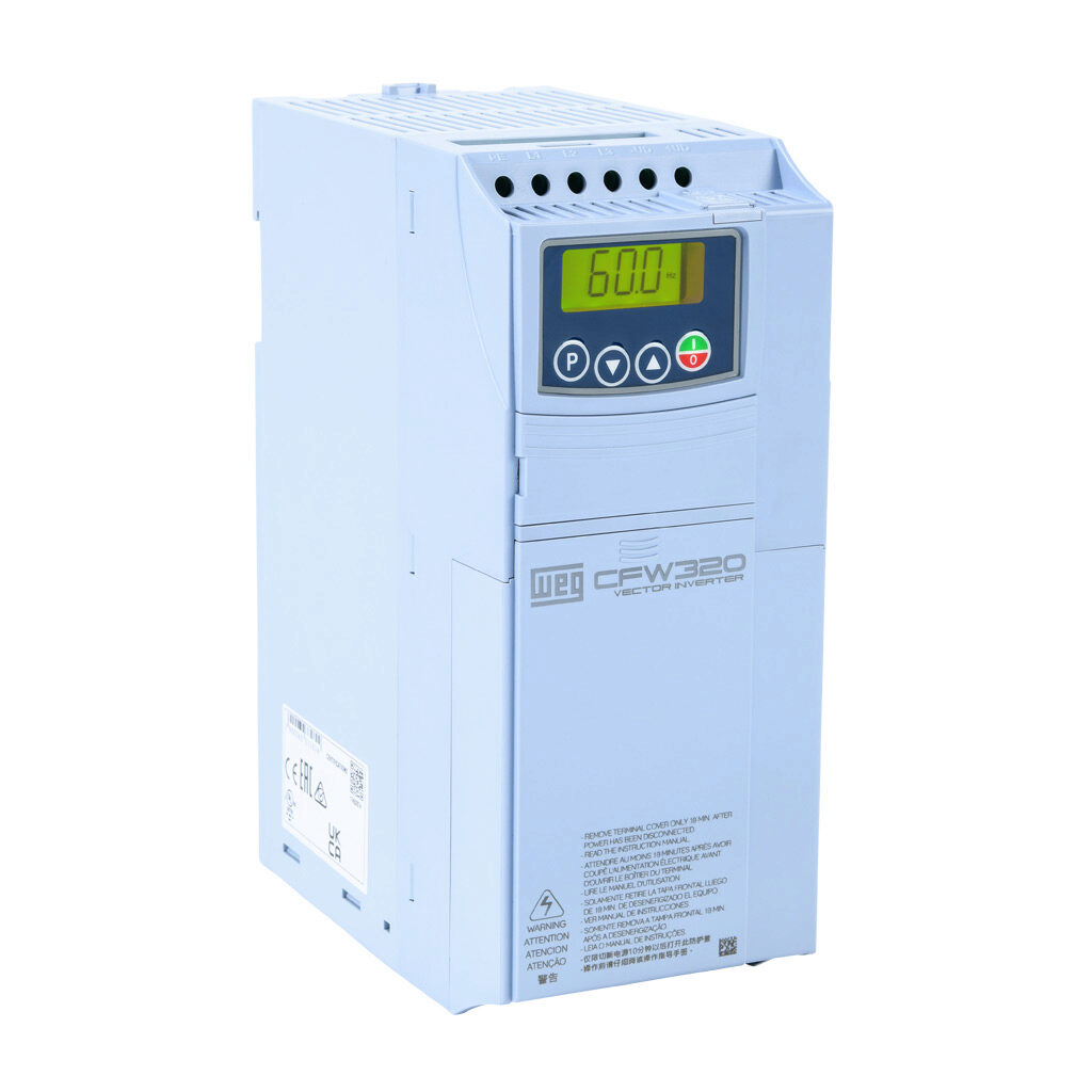 CFW320C14P0T4NB20 - WEG Electric CFW320 series AC general purpose drive, enclosed, 460 VAC, 10hp with 3-phase input, SVC, V/Hz or VVW mode, C frame. Optional communication and I/O modules available.