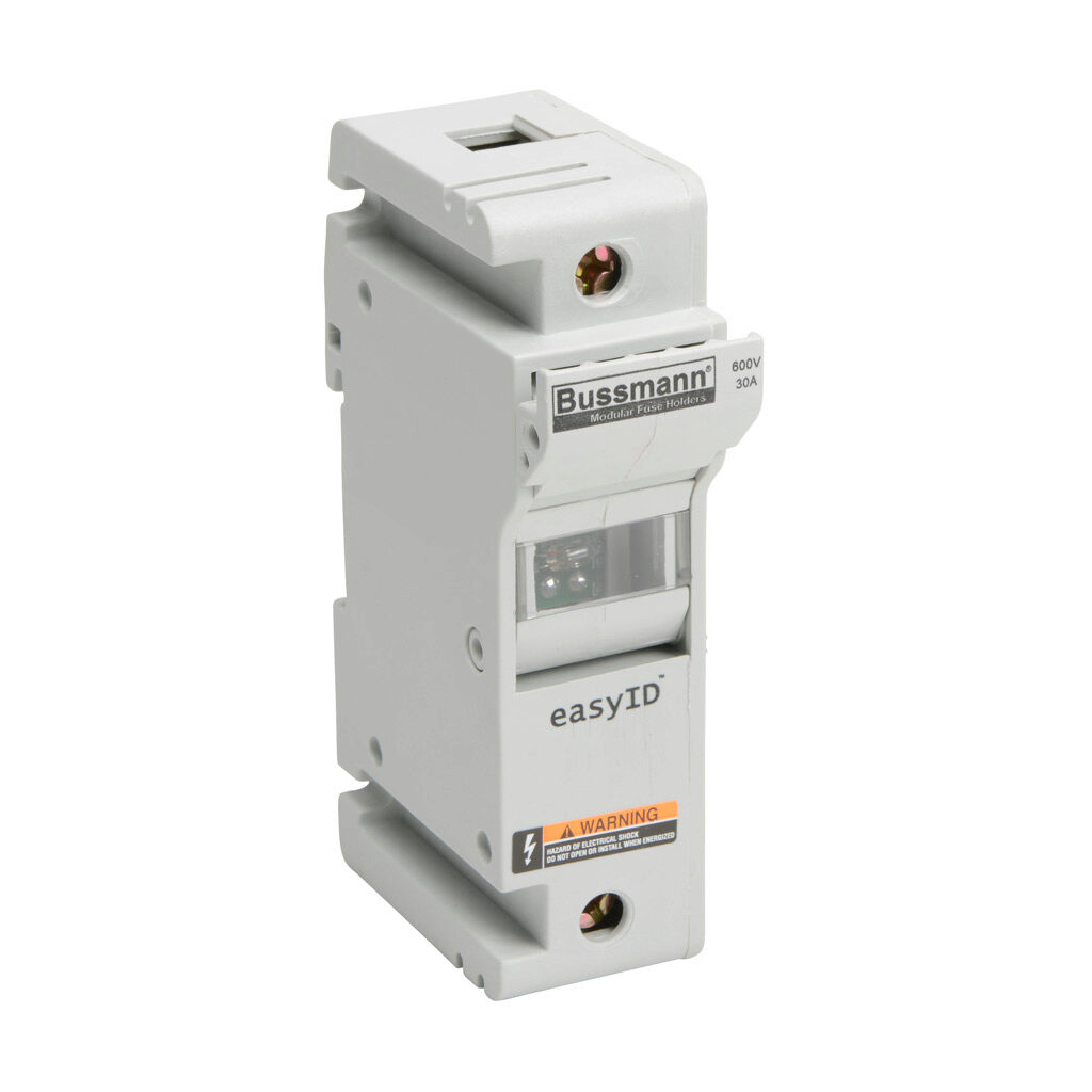 CH30J1I - Bussmann modular fuse holder, with indicator, accepts Class J fuses, 30A, 600 VAC/VDC or less, 1-pole, 18-1 AWG copper only, integral pressure plate with separate spade connection, 35mm DIN rail or panel mount. Package of 6.