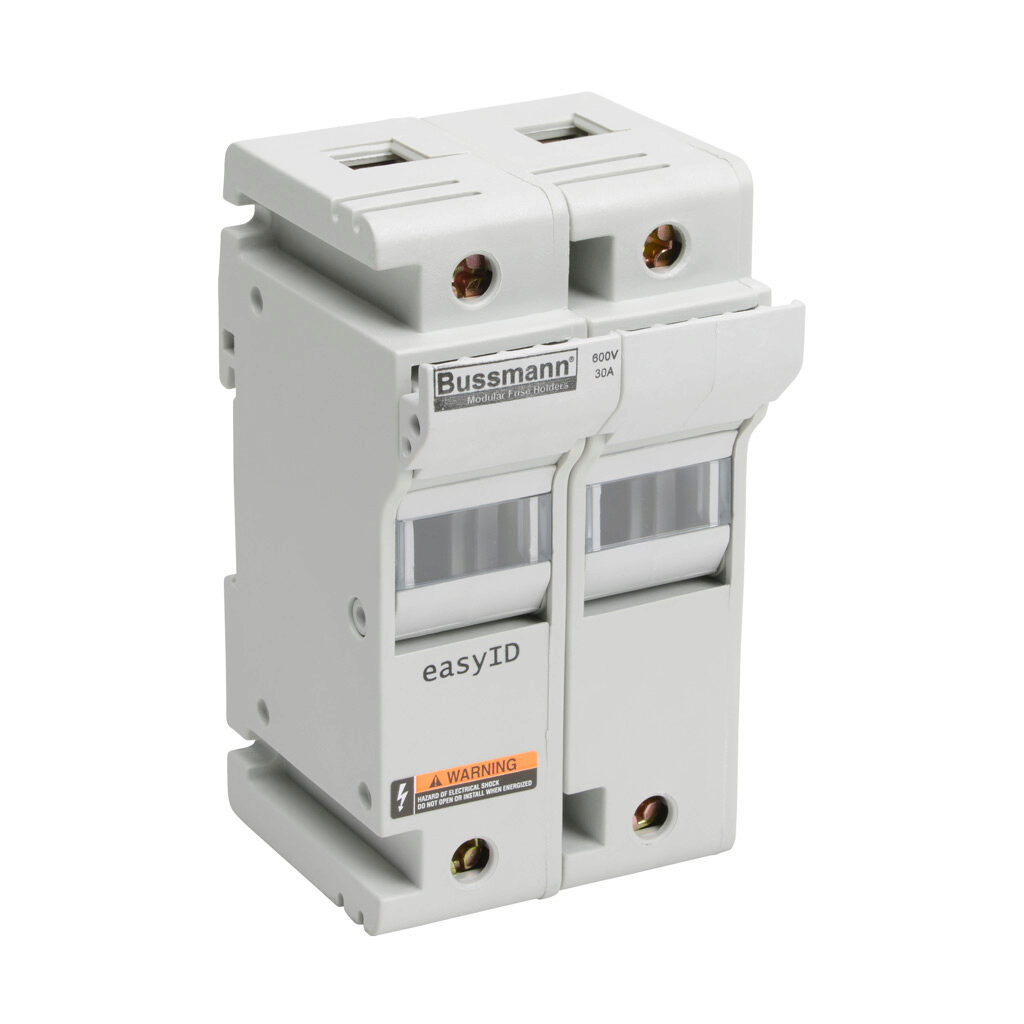 CH30J2 - Bussmann modular fuse holder, accepts Class J fuses, 30A, 600 VAC/VDC or less, 2-pole, 18-1 AWG copper only, integral pressure plate with separate spade connection, 35mm DIN rail or panel mount. Package of 3.