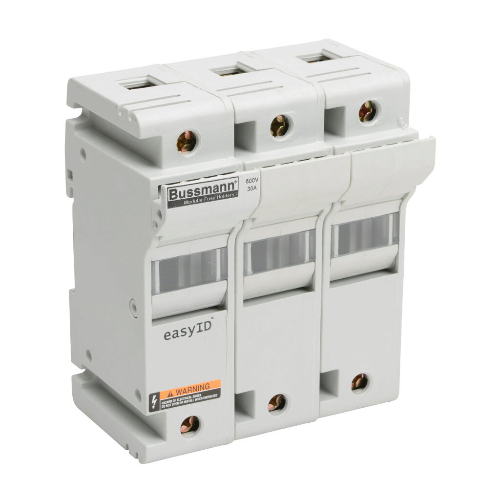 CH30J3 - Bussmann modular fuse holder, accepts Class J fuses, 30A, 600 VAC/VDC or less, 3-pole, 18-1 AWG copper only, integral pressure plate with separate spade connection, 35mm DIN rail or panel mount. Package of 2.