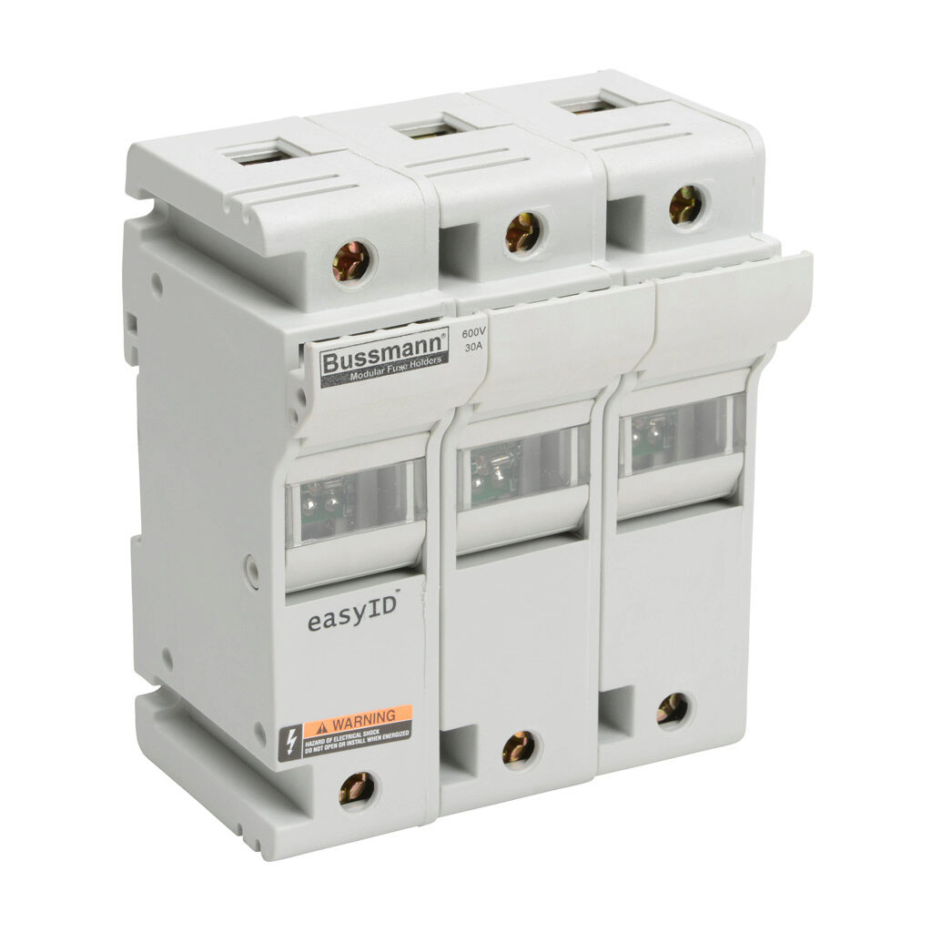 CH30J3I - Bussmann modular fuse holder, with indicator, accepts Class J fuses, 30A, 600 VAC/VDC or less, 3-pole, 18-1 AWG copper only, integral pressure plate with separate spade connection, 35mm DIN rail or panel mount. Package of 2.