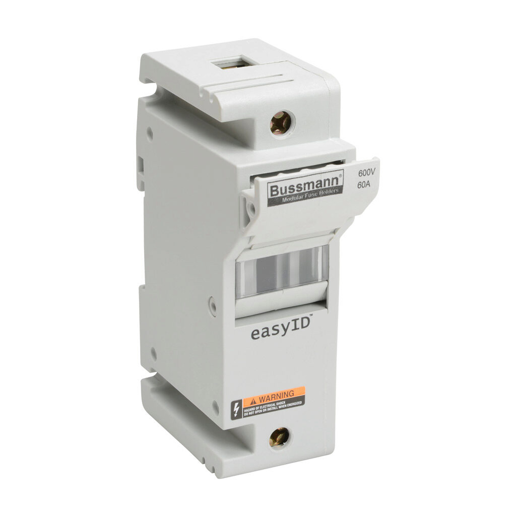 CH60J1 - Bussmann modular fuse holder, accepts Class J fuses, 60A, 600 VAC/VDC or less, 1-pole, 18-1 AWG copper only, integral pressure plate with separate spade connection, 35mm DIN rail or panel mount. Package of 6.