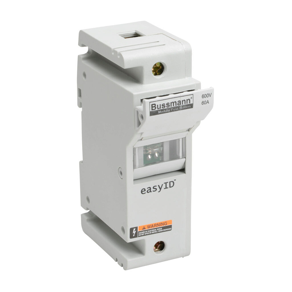 CH60J1I - Bussmann modular fuse holder, with indicator, accepts Class J fuses, 60A, 600 VAC/VDC or less, 1-pole, 18-1 AWG copper only, integral pressure plate with separate spade connection, 35mm DIN rail or panel mount. Package of 6.