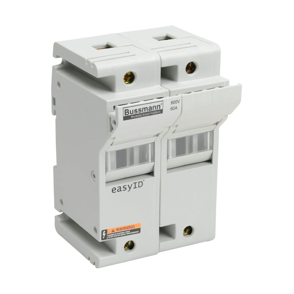 CH60J2 - Bussmann modular fuse holder, accepts Class J fuses, 60A, 600 VAC/VDC or less, 2-pole, 18-1 AWG copper only, integral pressure plate with separate spade connection, 35mm DIN rail or panel mount. Package of 3.