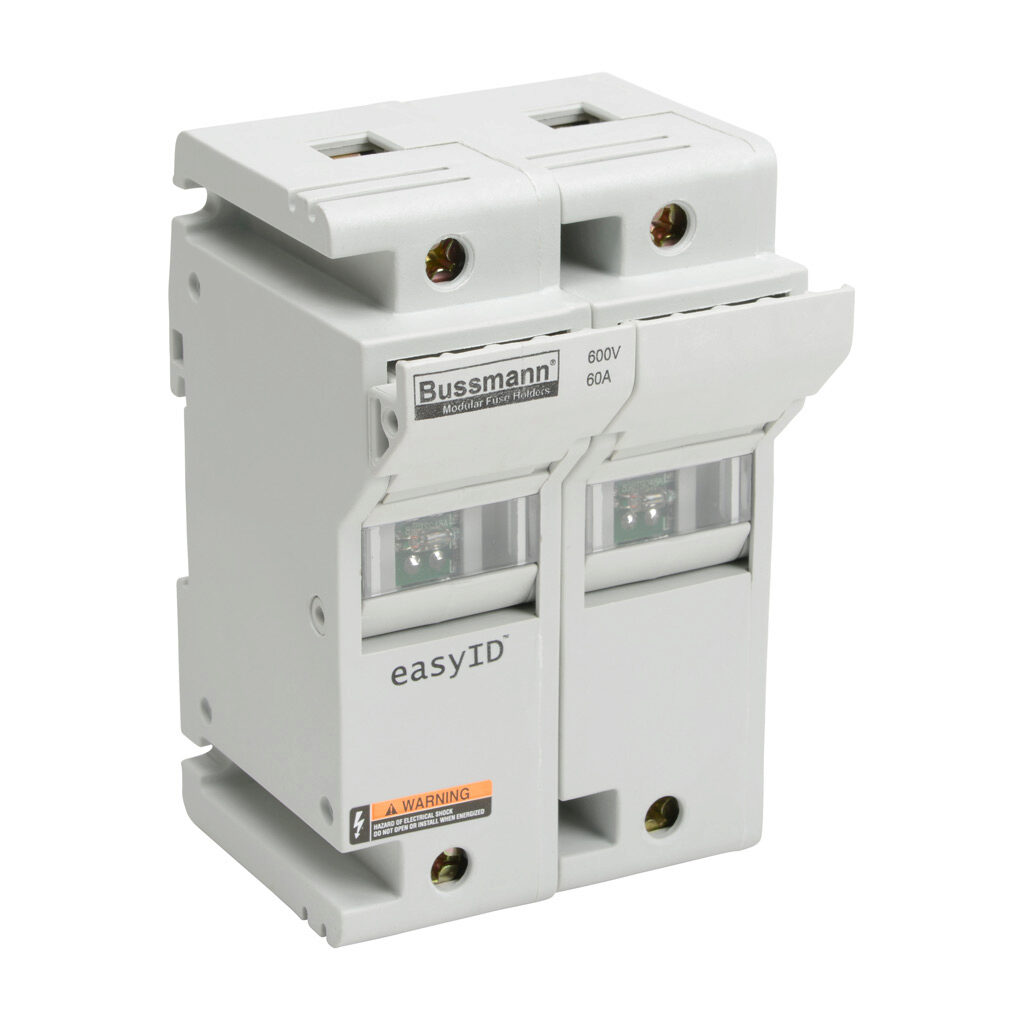 CH60J2I - Bussmann modular fuse holder, with indicator, accepts Class J fuses, 60A, 600 VAC/VDC or less, 2-pole, 18-1 AWG copper only, integral pressure plate with separate spade connection, 35mm DIN rail or panel mount. Package of 3.