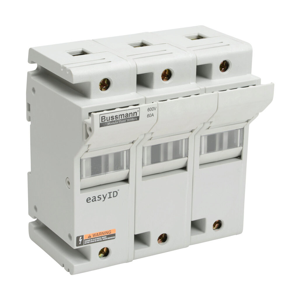 CH60J3 - Bussmann modular fuse holder, accepts Class J fuses, 60A, 600 VAC/VDC or less, 3-pole, 18-1 AWG copper only, integral pressure plate with separate spade connection, 35mm DIN rail or panel mount. Package of 2.