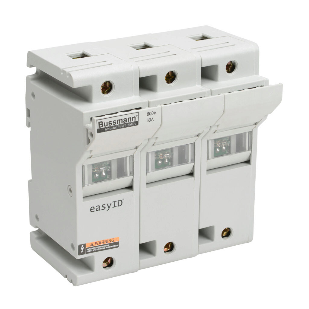 CH60J3I - Bussmann modular fuse holder, with indicator, accepts Class J fuses, 60A, 600 VAC/VDC or less, 3-pole, 18-1 AWG copper only, integral pressure plate with separate spade connection, 35mm DIN rail or panel mount. Package of 2.