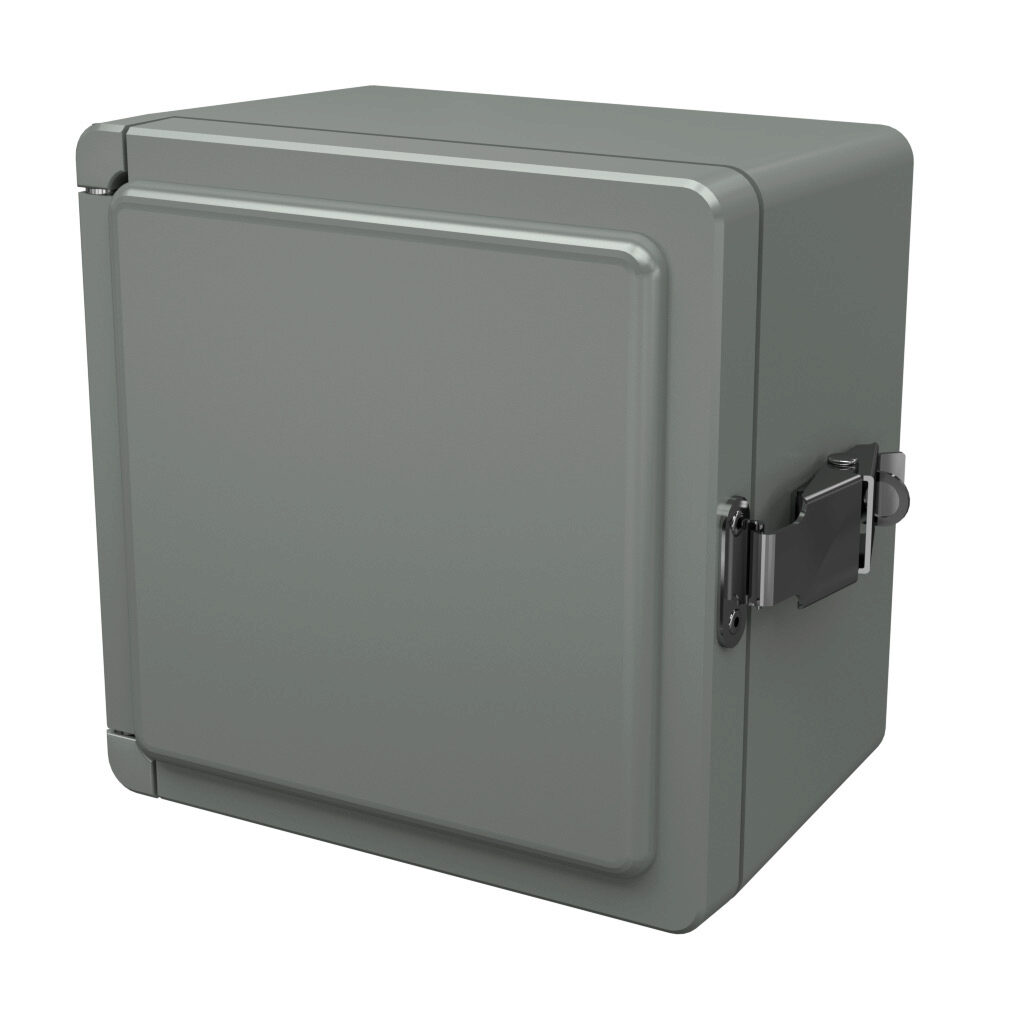 CL707HPL - Stahlin Classic series enclosure, NEMA 1/3/3S/3R/4X/12, 7 x 7 x 5in (HxWxD), wall mount, fiberglass reinforced polyester, gray, crowned single-door, quick-release latch, padlock hasp and staple.