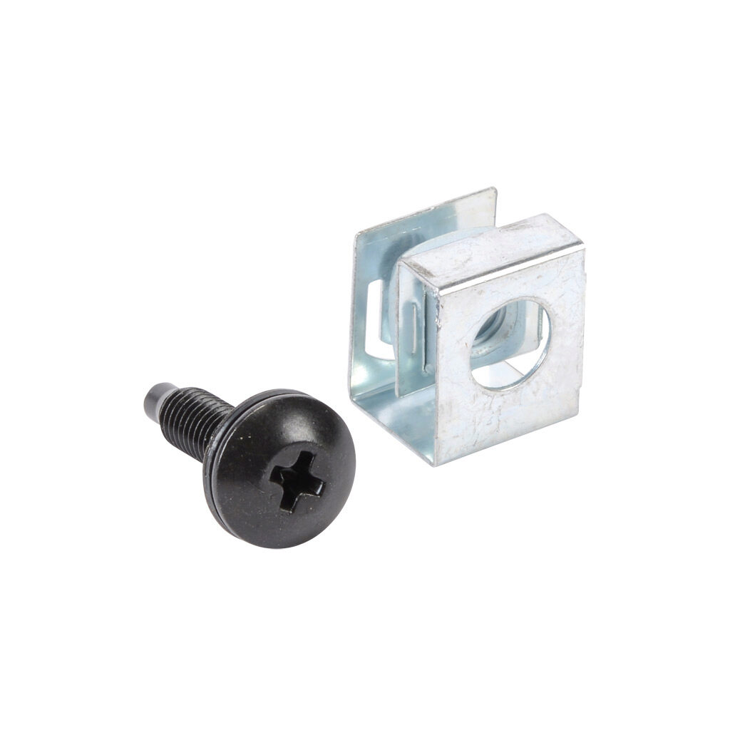 CLPKIT1032-10 - Hammond rack mounting screw, #10-32 UNF x 0.625in, #2 Phillips truss head, carbon steel, black oxide finish. Package of 10. Black nylon washer and zinc-plated clip nut included.