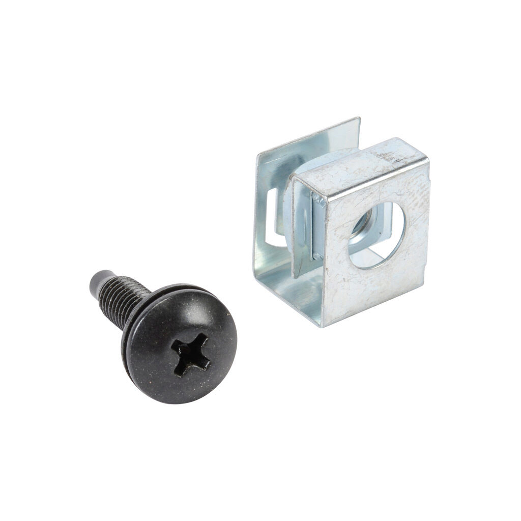 CLPKIT1032-100 - Hammond rack mounting screw, #10-32 UNF x 0.625in, #2 Phillips truss head, carbon steel, black oxide finish. Package of 100. Black nylon washer and zinc-plated clip nut included.