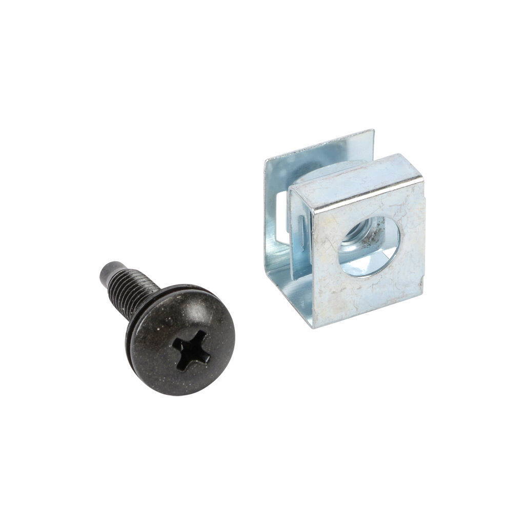CLPKIT1032-25 - Hammond rack mounting screw, #10-32 UNF x 0.625in, #2 Phillips truss head, carbon steel, black oxide finish. Package of 25. Black nylon washer and zinc-plated clip nut included.