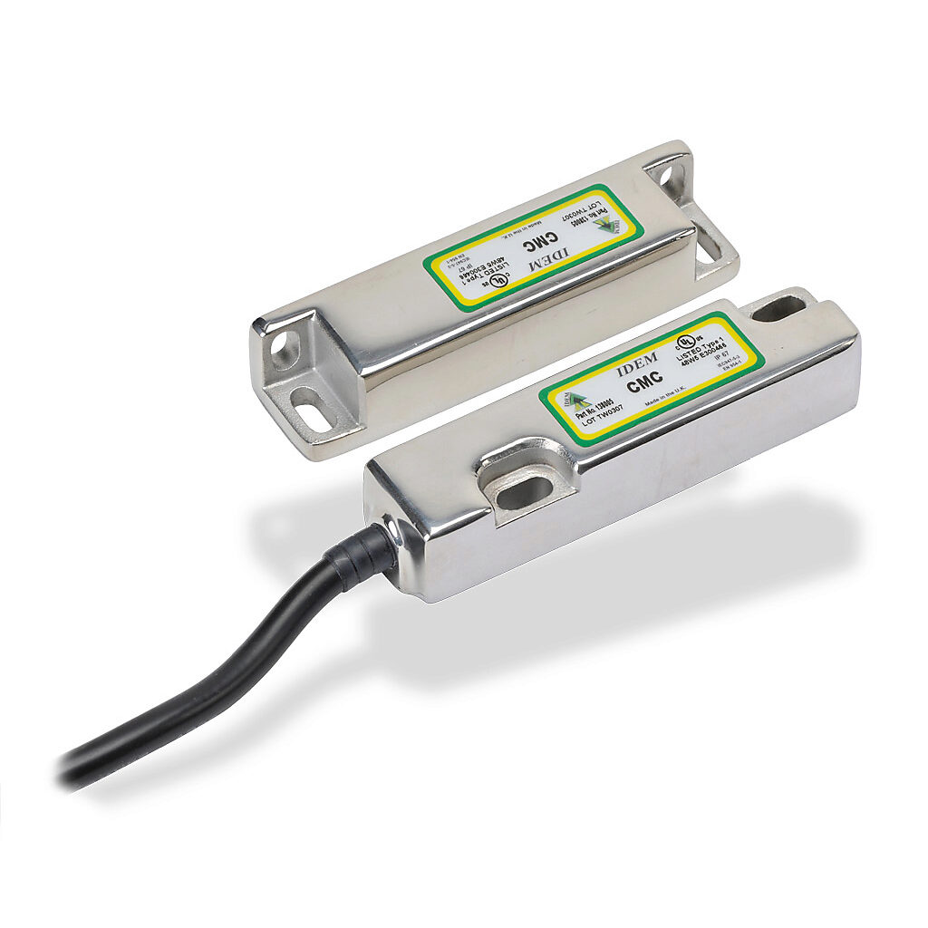 CMC-138005 - IDEM safety switch set, non-contact coded magnetic, (2) N.C. safety output(s), (1) N.O. monitoring output(s), 316 stainless steel housing, 83 x 20mm, pigtail, 6.5ft/2m cable length.