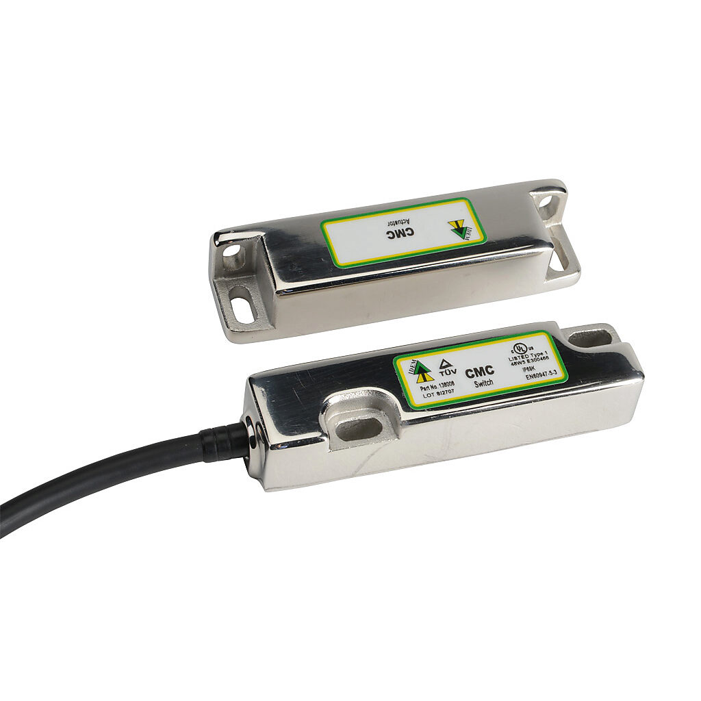 CMC-138008 - IDEM safety switch set, non-contact coded magnetic, (2) N.C. safety output(s), (1) N.O. monitoring output(s), 316 stainless steel housing, 83 x 20mm, 8-pin M12 quick-disconnect, 9.8in/250mm cable length.