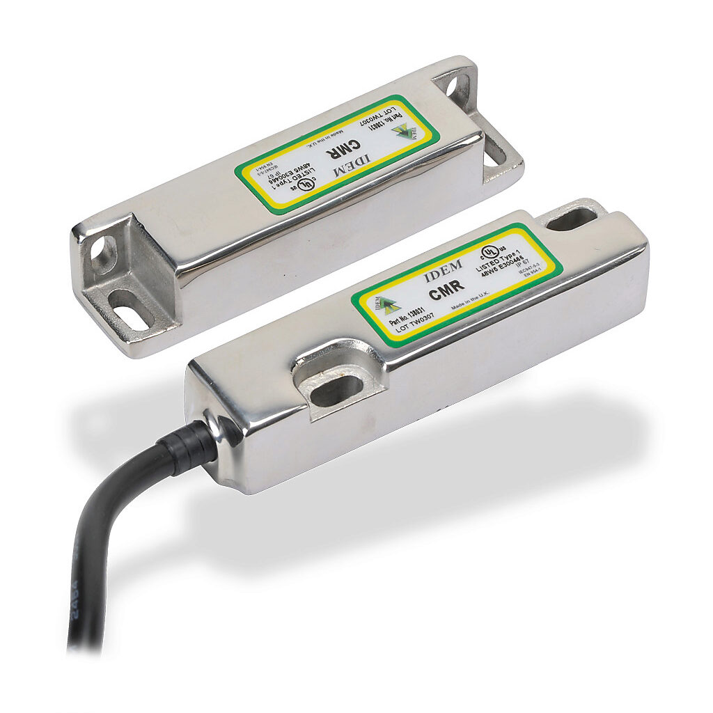 CMR-138031 - IDEM safety switch set, non-contact magnetic, (1) N.C. safety output(s), (1) N.O. monitoring output(s), 316 stainless steel housing, 83 x 20mm, pigtail, 32.8ft/10m cable length.