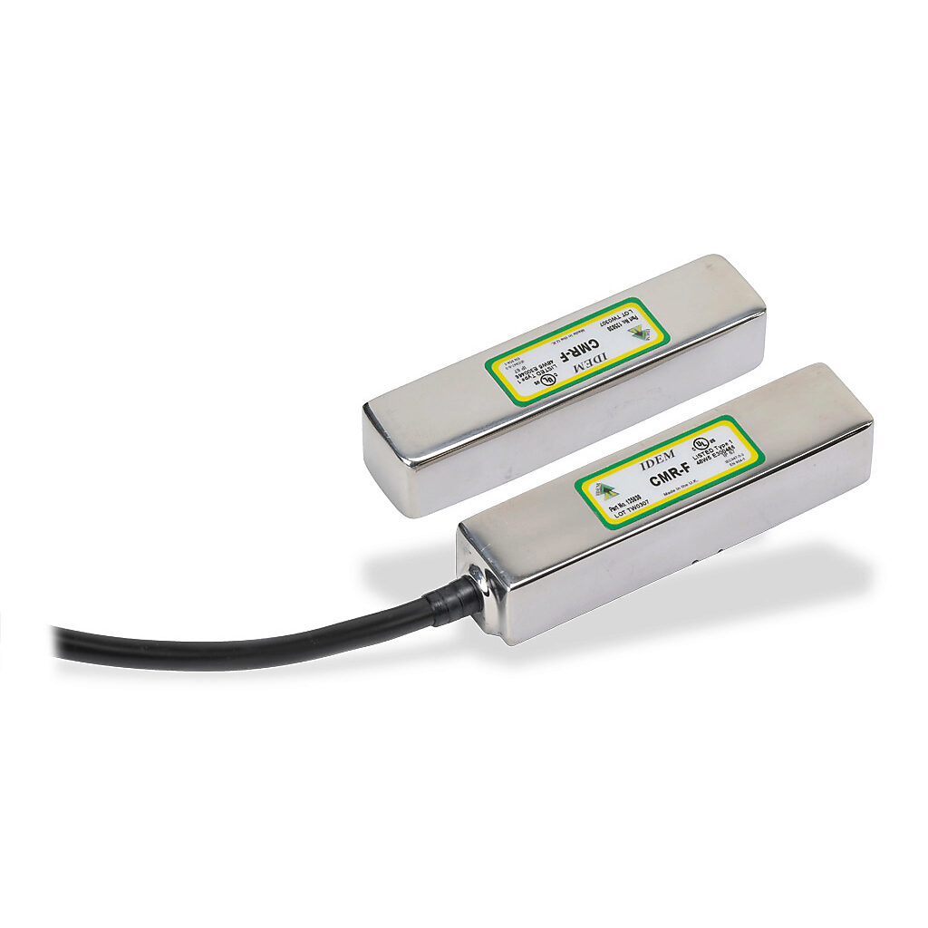 CMR-F-135030 - IDEM safety switch set, non-contact magnetic, rear mount, (1) N.C. safety output(s), (1) N.O. monitoring output(s), 316 stainless steel housing, 83 x 20mm, pigtail, 16.4ft/5m cable length.