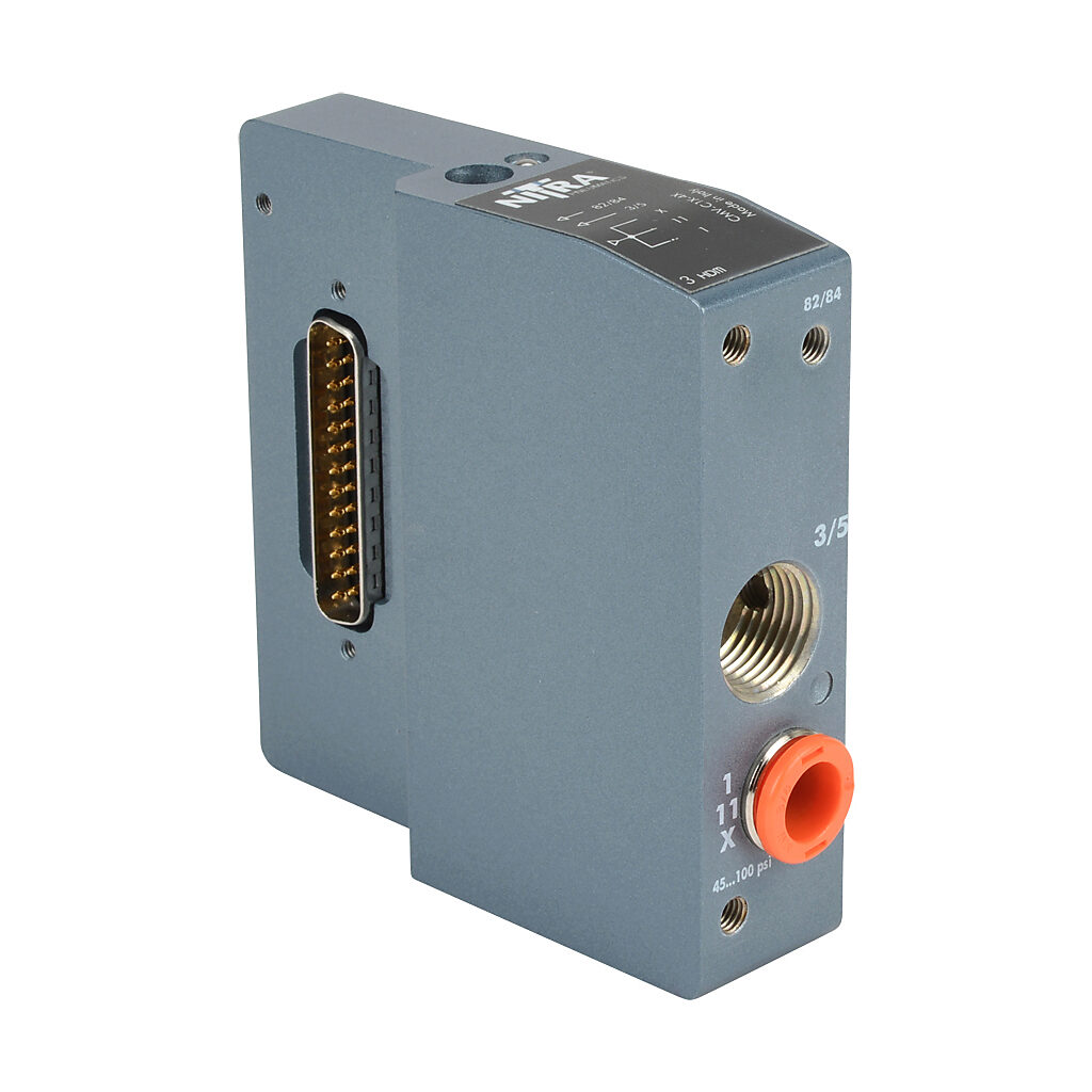 CMV-C1X-4X - NITRA pneumatic modular plate, left supply/exhaust end, Cv=12.4, 3/8in push-to-connect inlet(s), 3/8in female NPT exhaust(s), anodized aluminum body, IP65.