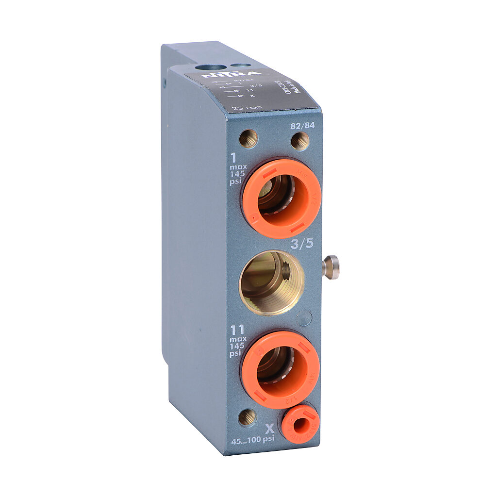 CMV-C2X-5X - NITRA pneumatic modular plate, left supply/exhaust end, Cv=16.6, (2) 1/2in push-to-connect inlet(s), 3/8in female NPT exhaust(s), 5/32in (4mm) push-to-connect pilot(s), anodized aluminum body, IP65.
