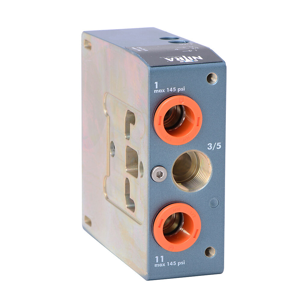 CMV-C3X-5X - NITRA pneumatic modular plate, right supply/exhaust end, Cv=16.6, (2) 1/2in push-to-connect inlet(s), 3/8in female NPT exhaust(s), anodized aluminum body, IP65.