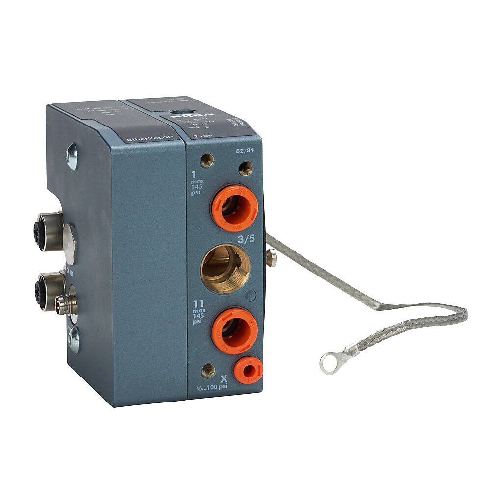 CMV-E2X-4X - NITRA pneumatic EtherNet/IP protocol modular plate, left supply/exhaust end, Cv=12.4, (2) 3/8in push-to-connect inlet(s), 3/8in female NPT exhaust(s), 5/32in (4mm) push-to-connect pilot(s), anodized aluminum body, IP65.