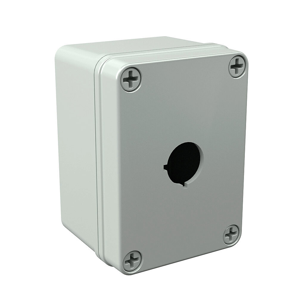 COPC1PB22 - AttaBox Commander series pushbutton enclosure, 1 hole, 22mm, NEMA 1/3R/4X/6P/12, 4 x 3 x 2in (HxWxD), wall mount, polycarbonate, light gray, gloss finish, screw cover.