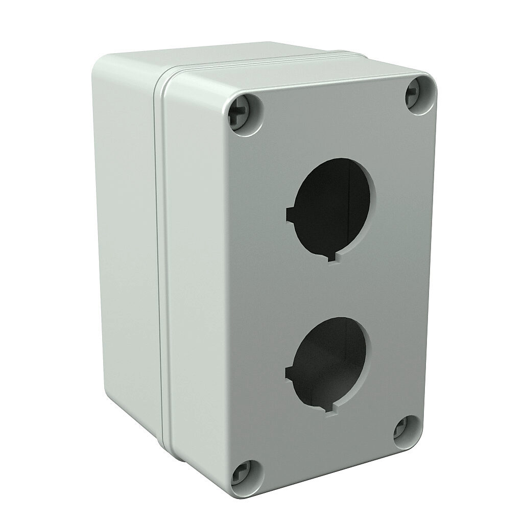 COPC2PB - AttaBox Commander series pushbutton enclosure, 2 holes, 30mm, NEMA 1/3R/4X/6P/12, 5 x 3 x 3in (HxWxD), wall mount, polycarbonate, light gray, gloss finish, screw cover.