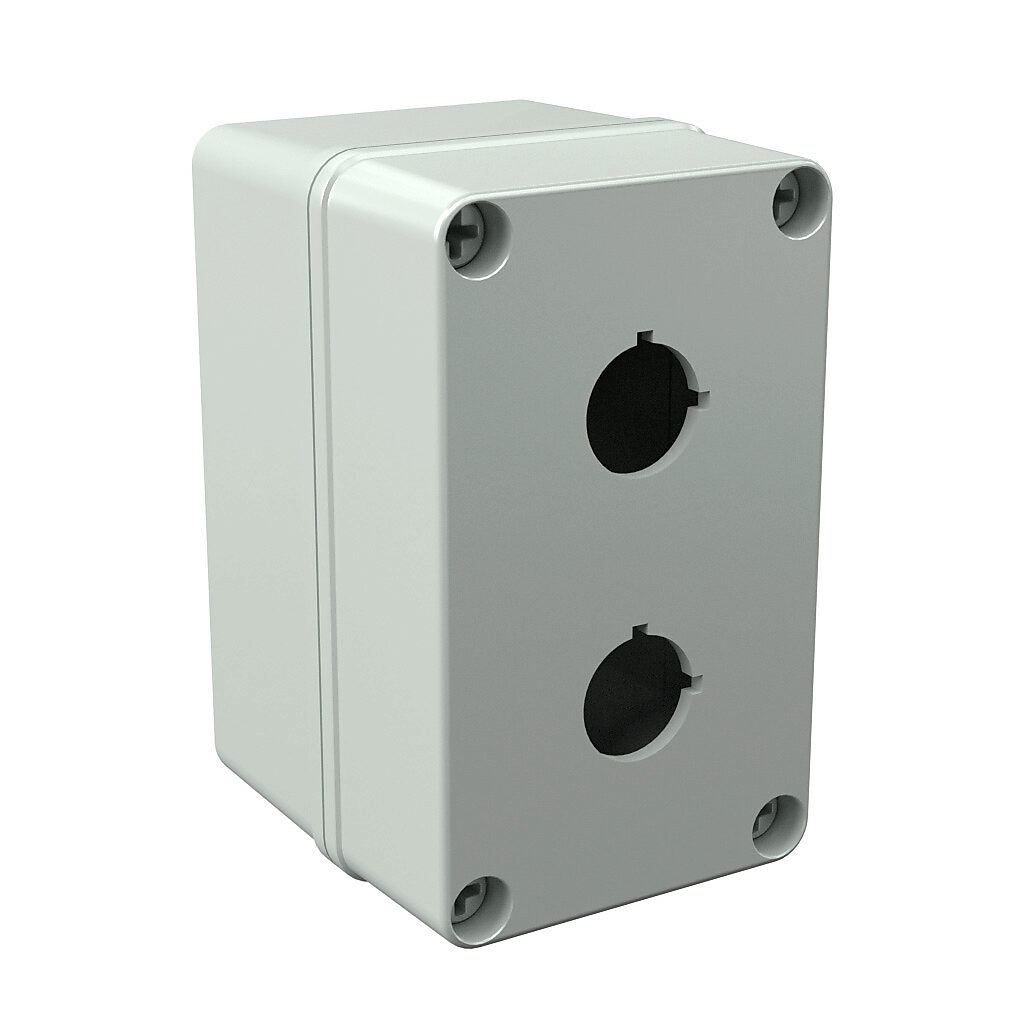 COPC2PB22 - AttaBox Commander series pushbutton enclosure, 2 holes, 22mm, NEMA 1/3R/4X/6P/12, 5 x 3 x 3in (HxWxD), wall mount, polycarbonate, light gray, gloss finish, screw cover.