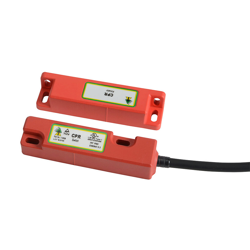 CPR-113008 - IDEM safety switch set, non-contact magnetic, (2) N.C. safety output(s), (1) N.O. monitoring output(s), plastic housing, 83 x 20mm, 8-pin M12 quick-disconnect, 9.8in/250mm cable length.