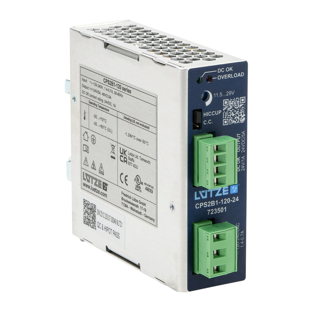CPS2B1-120-24 - LUTZE CPS Ultra series switching power supply, 24 VDC @ 5A/120W, 120 VAC and 240 VAC nominal input, 1-phase, enclosed, aluminum housing, 35mm DIN rail mount, screw terminals.