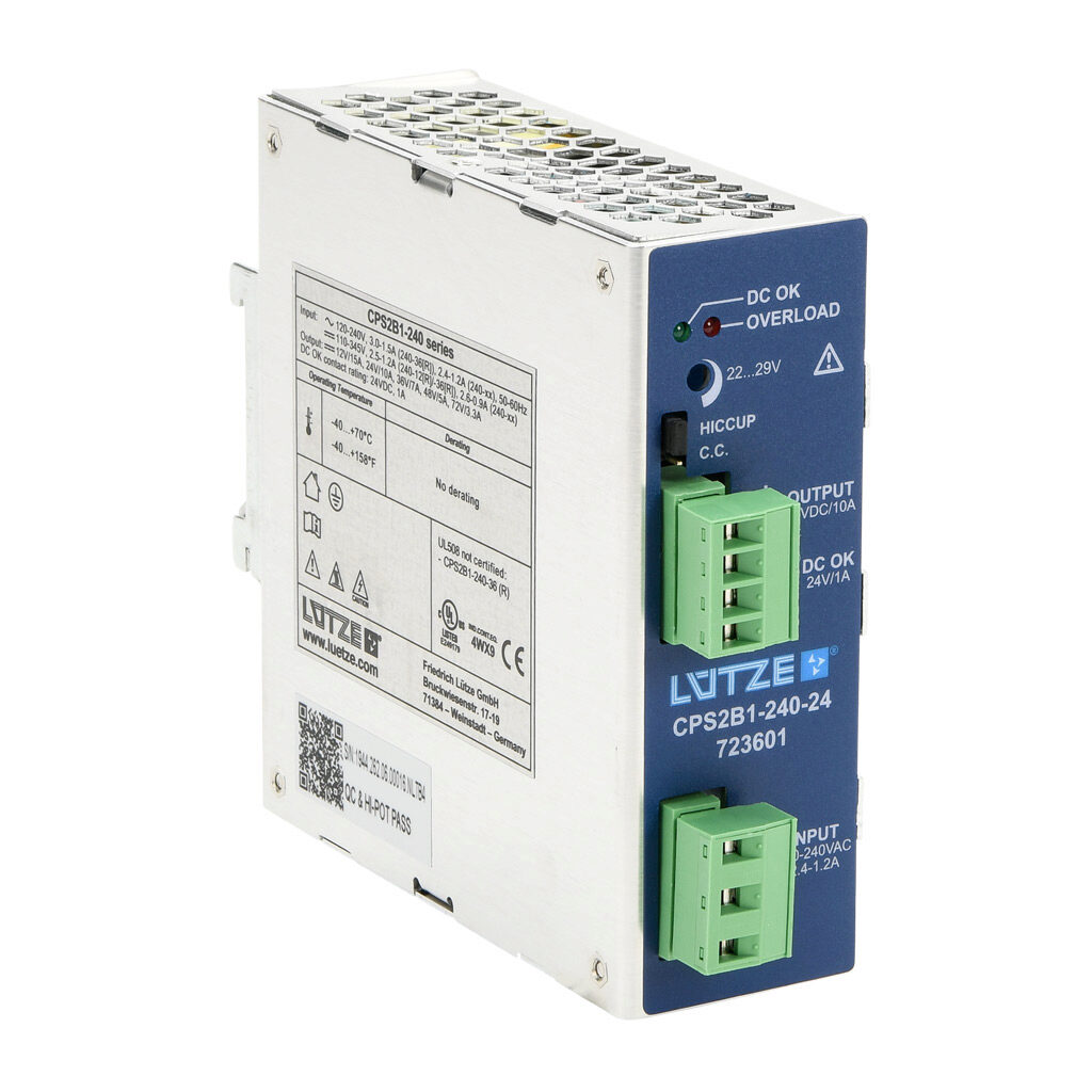 CPS2B1-240-24 - LUTZE CPS Ultra series switching power supply, 24 VDC @ 10A/240W, 120 VAC and 240 VAC nominal input, 1-phase, enclosed, aluminum housing, 35mm DIN rail mount, screw terminals.