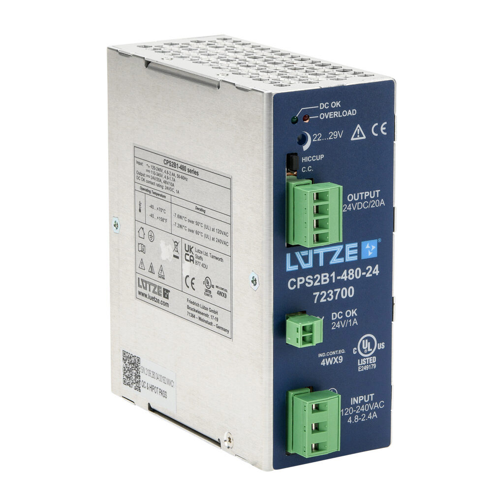 CPS2B1-480-24 - LUTZE CPS Ultra series switching power supply, 24 VDC @ 20A/480W, 120 VAC and 240 VAC nominal input, 1-phase, enclosed, aluminum housing, 35mm DIN rail mount, screw terminals.