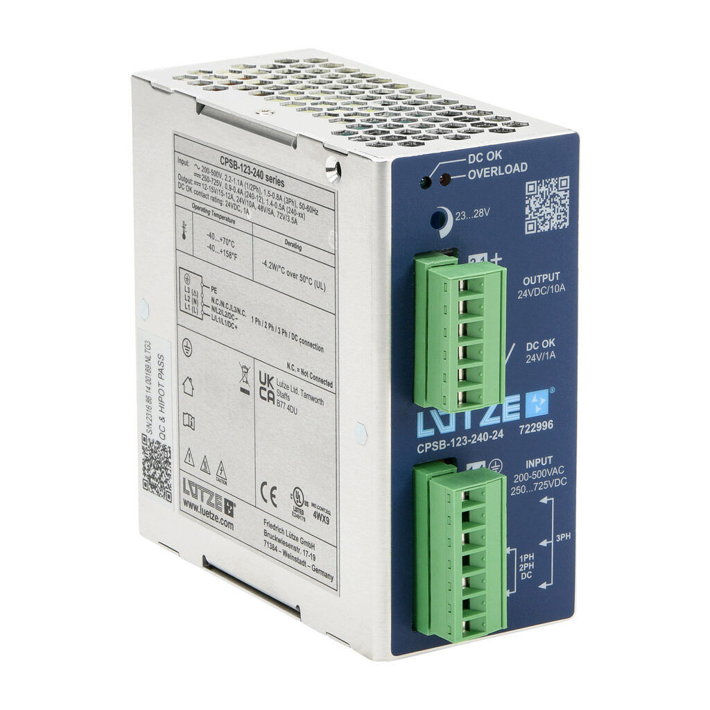 CPSB-123-240-24 - LUTZE CPS Universal series switching power supply, 24 VDC @ 10A/240W, 240 VAC and 480 VAC nominal input, 1, 2 and 3-phase, enclosed, aluminum housing, 35mm DIN rail mount, screw terminals.