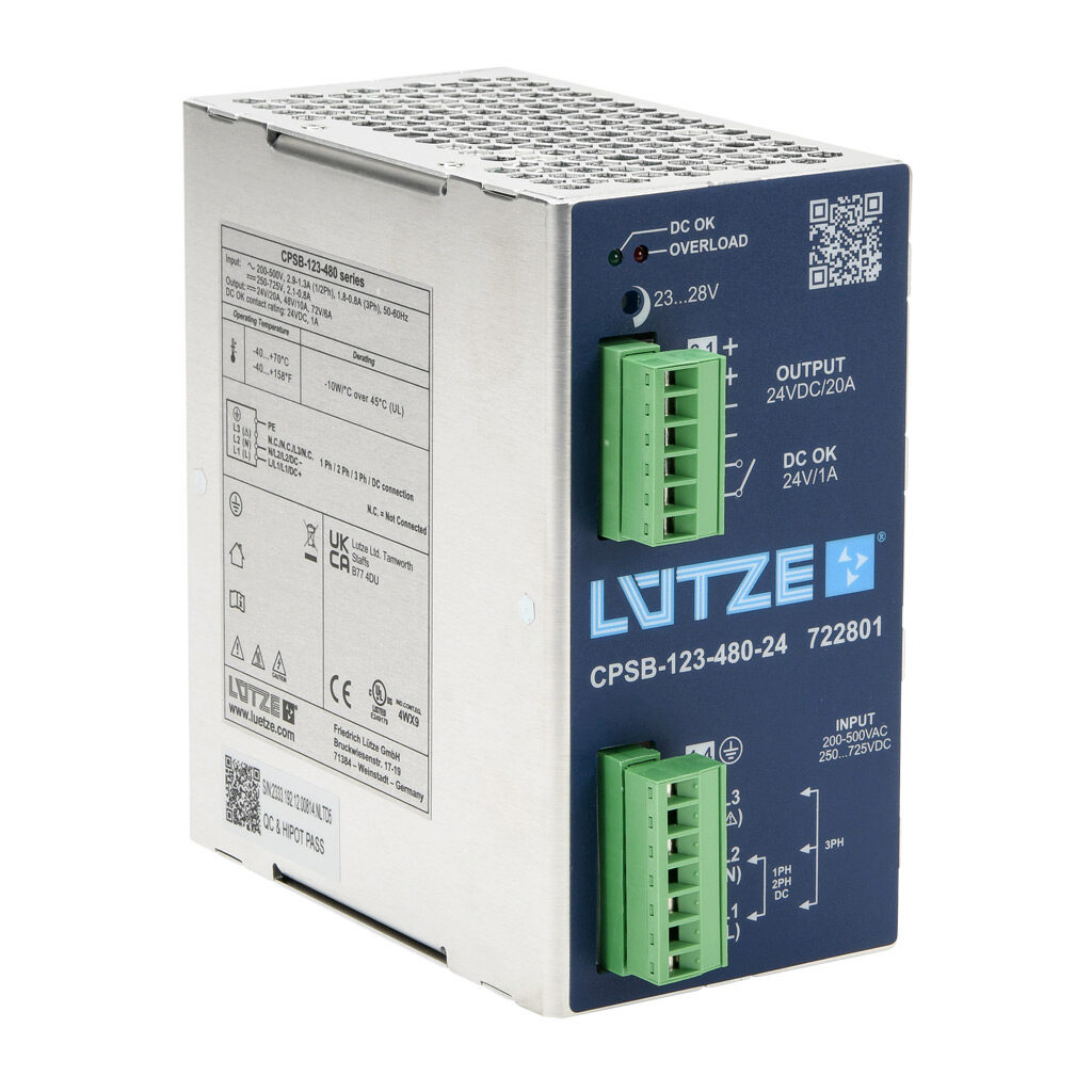 CPSB-123-480-24 - LUTZE CPS Universal series switching power supply, 24 VDC @ 20A/480W, 240 VAC and 480 VAC nominal input, 1, 2 and 3-phase, enclosed, aluminum housing, 35mm DIN rail mount, screw terminals.