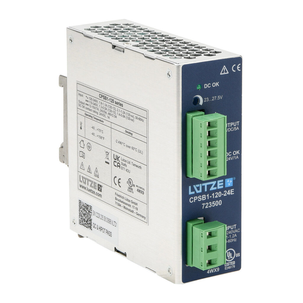 CPSB1-120-24E - LUTZE CPS Eco series switching power supply, 24 VDC @ 5A/120W, 120 VAC and 240 VAC nominal input, 1-phase, enclosed, aluminum housing, 35mm DIN rail mount, screw terminals.