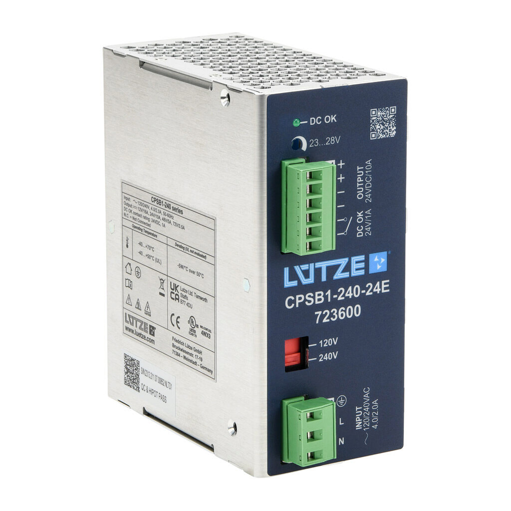 CPSB1-240-24E - LUTZE CPS Eco series switching power supply, 24 VDC @ 10A/240W, 120 VAC and 240 VAC nominal input, 1-phase, enclosed, aluminum housing, 35mm DIN rail mount, screw terminals.