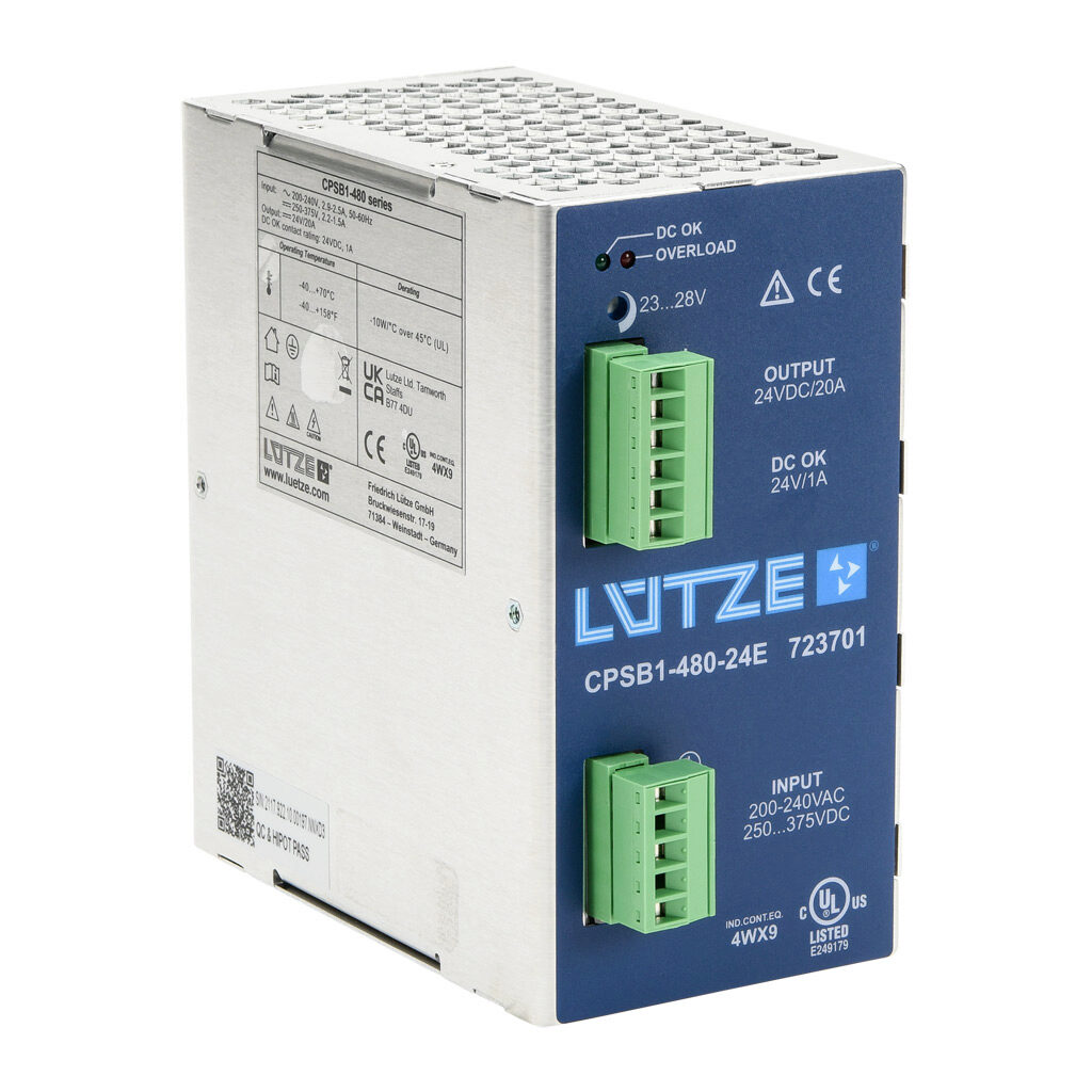 CPSB1-480-24E - LUTZE CPS Eco series switching power supply, 24 VDC @ 20A/480W, 240 VAC nominal input, 1-phase, enclosed, aluminum housing, 35mm DIN rail mount, screw terminals.