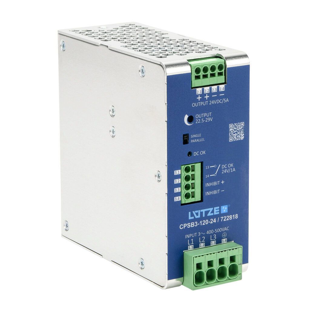 CPSB3-120-24 - LUTZE CPS 3-phase series switching power supply, 24 VDC @ 5A/120W, 480 VAC nominal input, 3-phase, enclosed, aluminum housing, 35mm DIN rail mount, push-in spring.