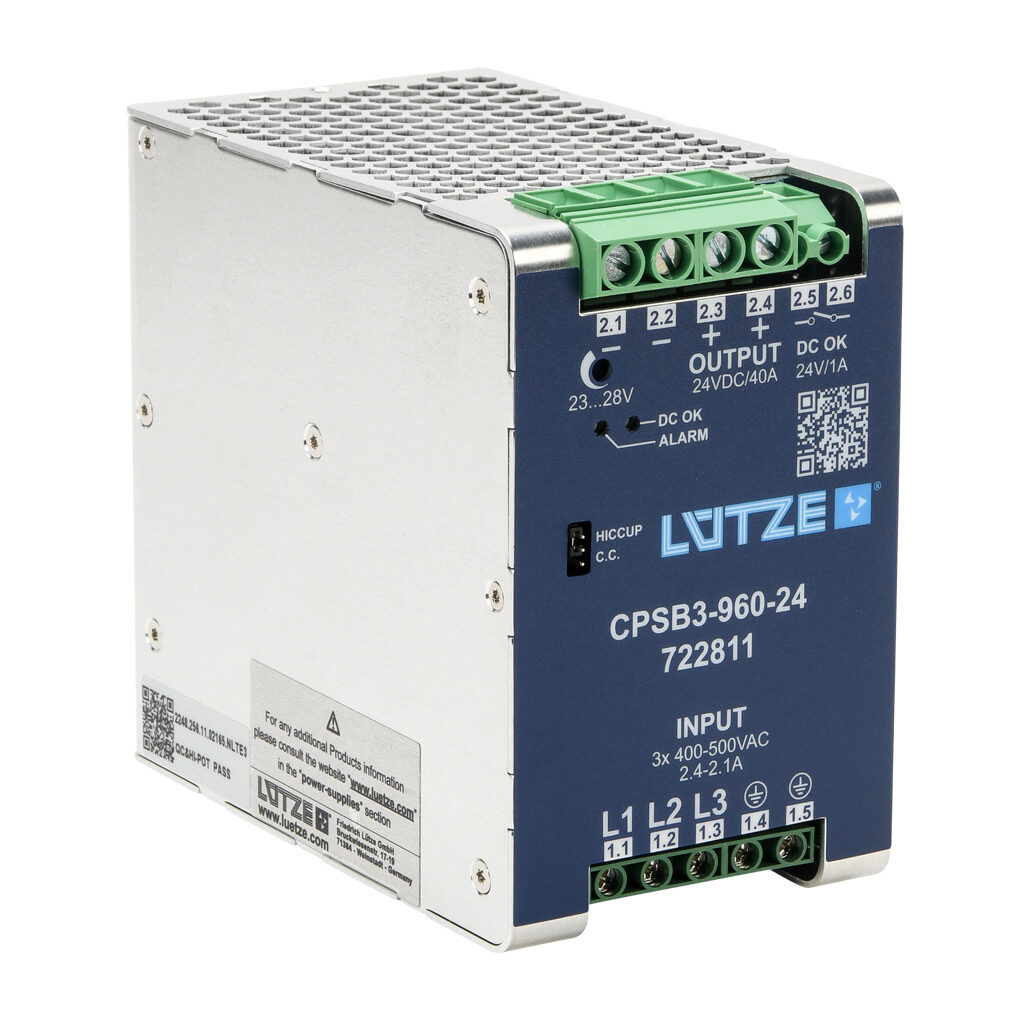 CPSB3-960-24 - LUTZE CPS 3-phase series switching power supply, 24 VDC @ 40A/960W, 480 VAC nominal input, 3-phase, enclosed, aluminum housing, 35mm DIN rail mount, screw terminals.