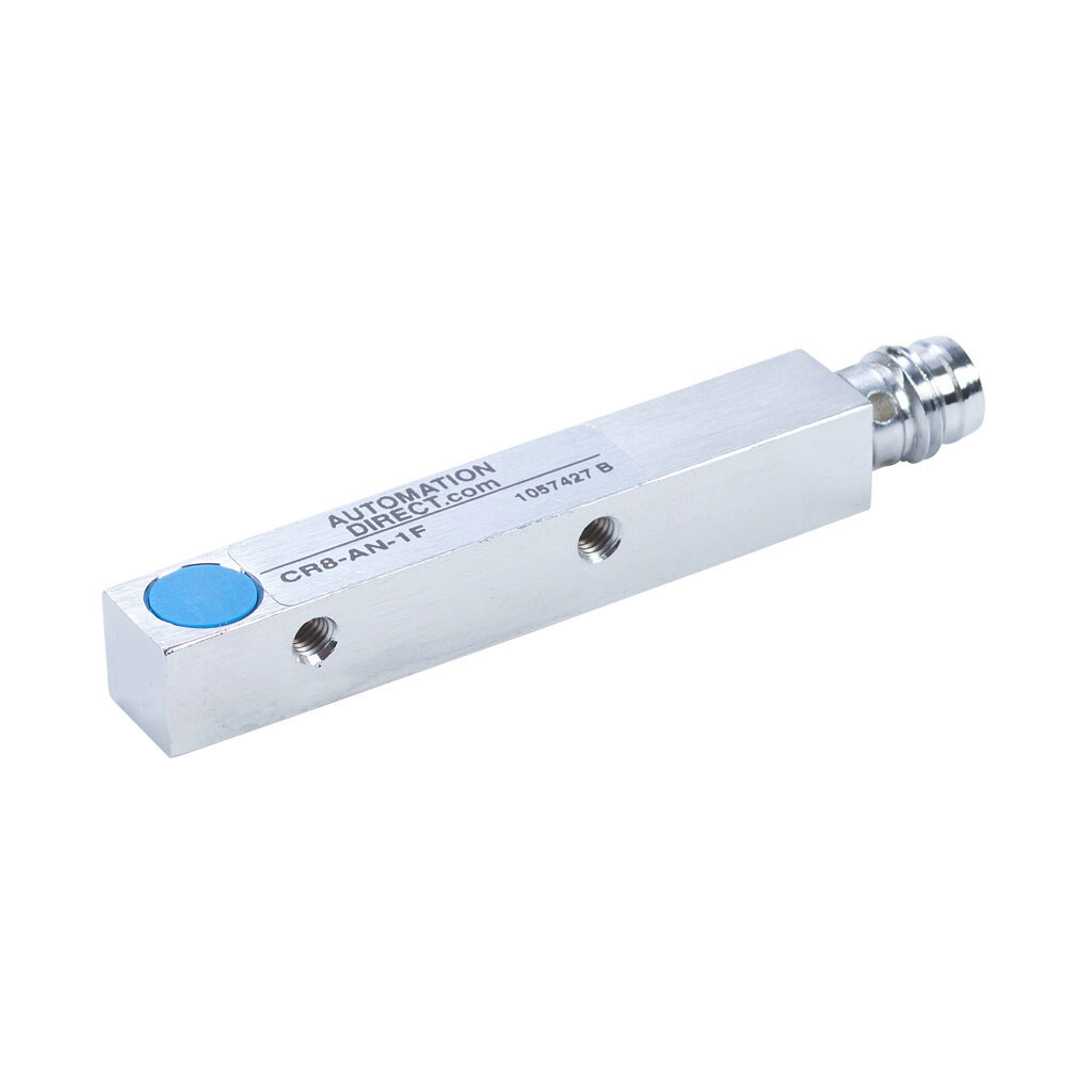 CR8-AN-1F - AutomationDirect inductive proximity sensor, rectangular, 8 x 8 x 59mm body, nickel-plated brass housing, NPN, N.O. output, 1.5mm sensing distance, flush, 1 kHz switching frequency, IP67, 3-pin M8 quick-disconnect.