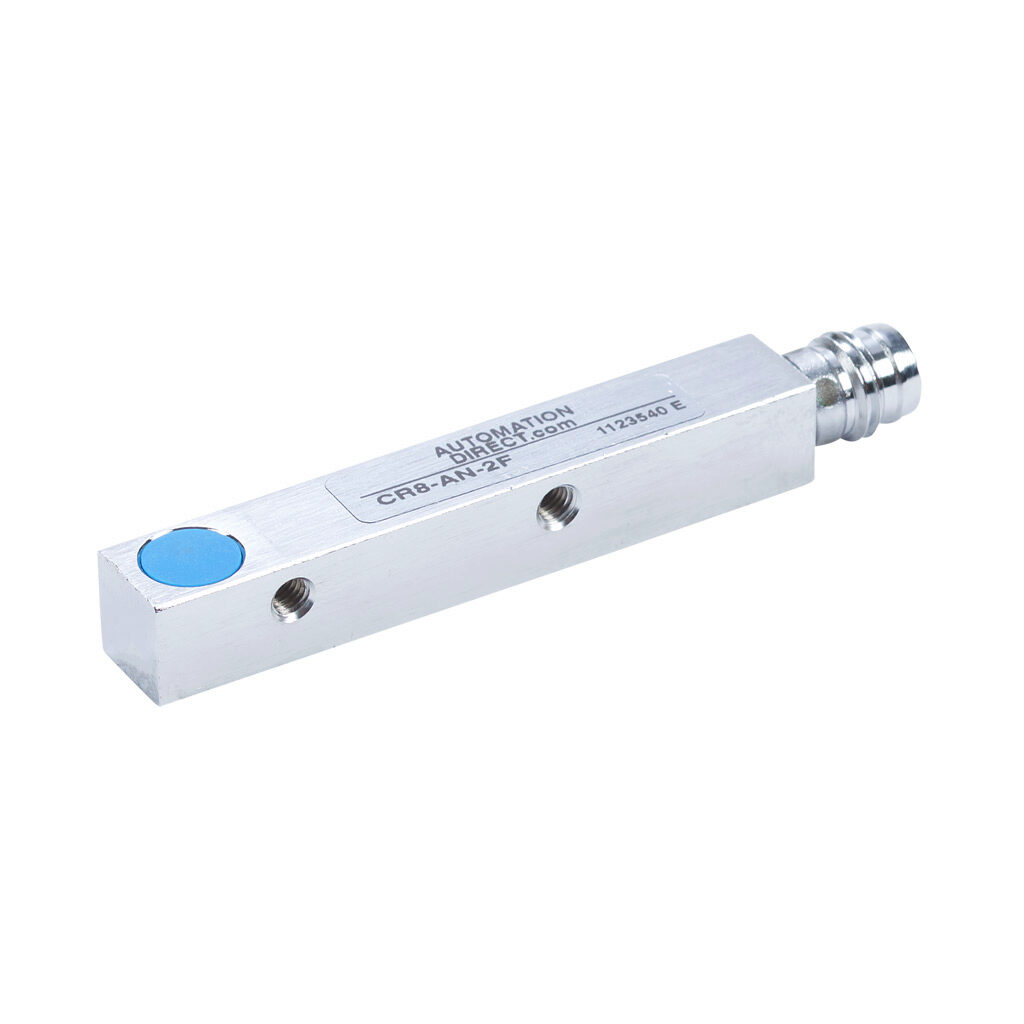 CR8-AN-2F - AutomationDirect inductive proximity sensor, rectangular, 8 x 8 x 59mm body, nickel-plated brass housing, NPN, N.O. output, 2mm sensing distance, flush, 1 kHz switching frequency, IP67, 3-pin M8 quick-disconnect.