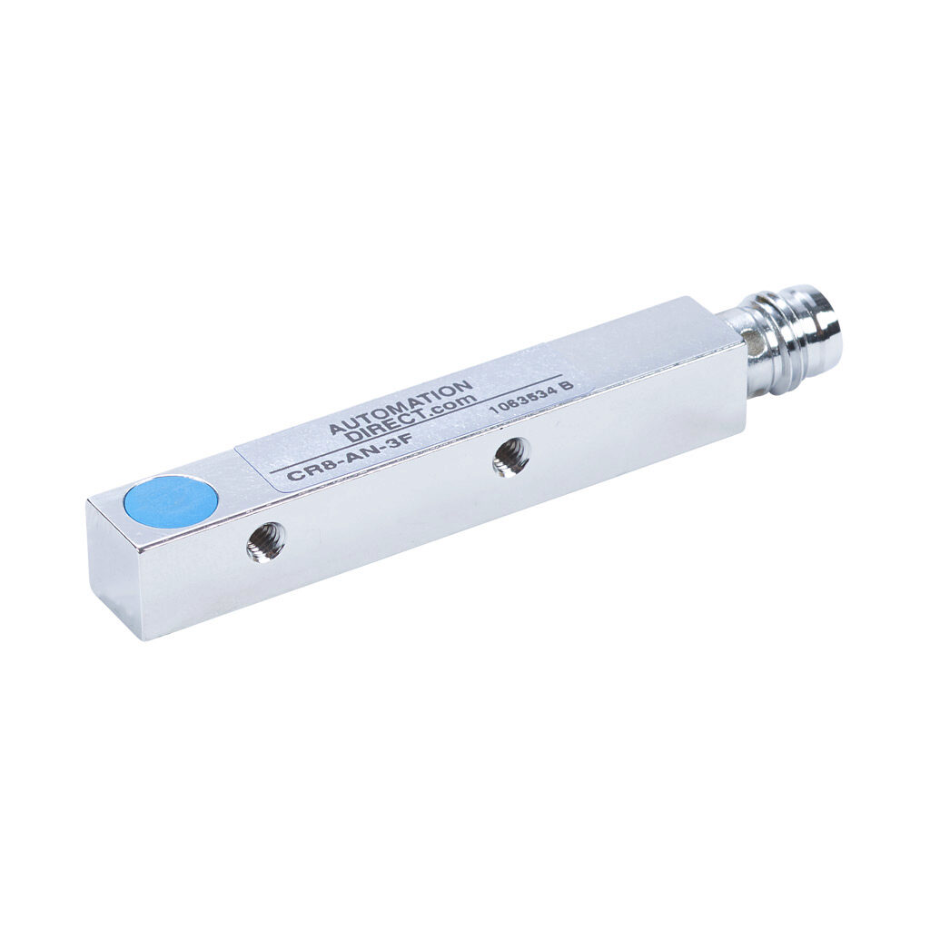 CR8-AN-3F - AutomationDirect inductive proximity sensor, rectangular, 8 x 8 x 59mm body, nickel-plated brass housing, NPN, N.O. output, 3mm sensing distance, semi-flush, 1 kHz switching frequency, IP67, 3-pin M8 quick-disconnect.
