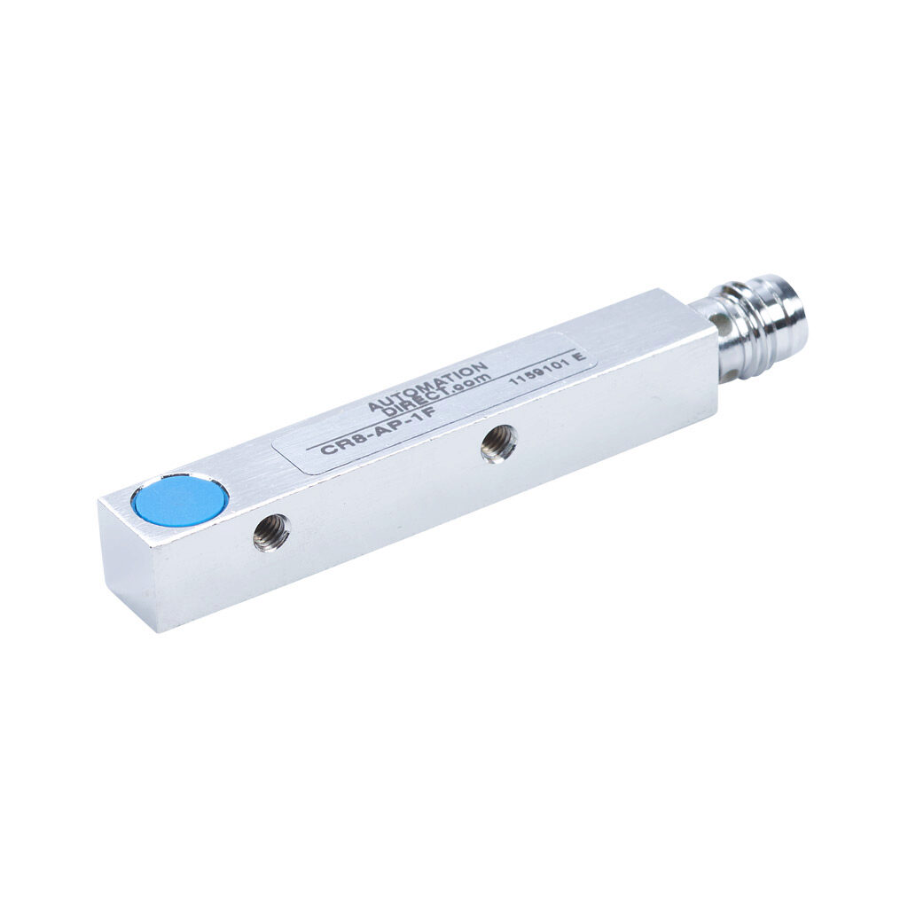 CR8-AP-1F - AutomationDirect inductive proximity sensor, rectangular, 8 x 8 x 59mm body, nickel-plated brass housing, PNP, N.O. output, 1.5mm sensing distance, flush, 1 kHz switching frequency, IP67, 3-pin M8 quick-disconnect.