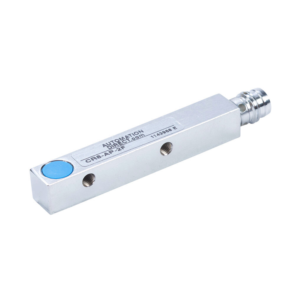 CR8-AP-2F - AutomationDirect inductive proximity sensor, rectangular, 8 x 8 x 59mm body, nickel-plated brass housing, PNP, N.O. output, 2mm sensing distance, flush, 1 kHz switching frequency, IP67, 3-pin M8 quick-disconnect.