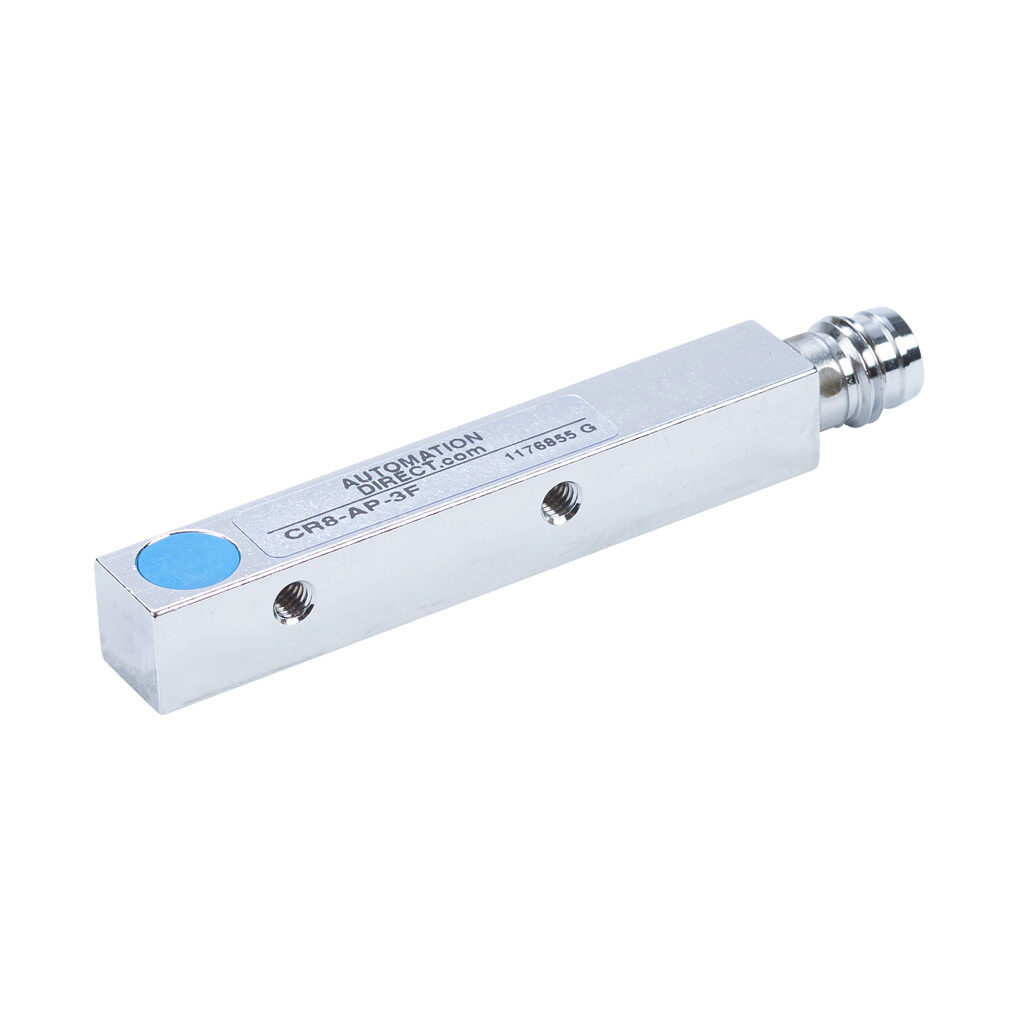 CR8-AP-3F - AutomationDirect inductive proximity sensor, rectangular, 8 x 8 x 59mm body, nickel-plated brass housing, PNP, N.O. output, 3mm sensing distance, semi-flush, 1 kHz switching frequency, IP67, 3-pin M8 quick-disconnect.